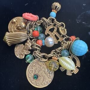 Vintage Charm Bracelet Asian Motif Early Plastic Rhinestone Marked 'Germany' 7"